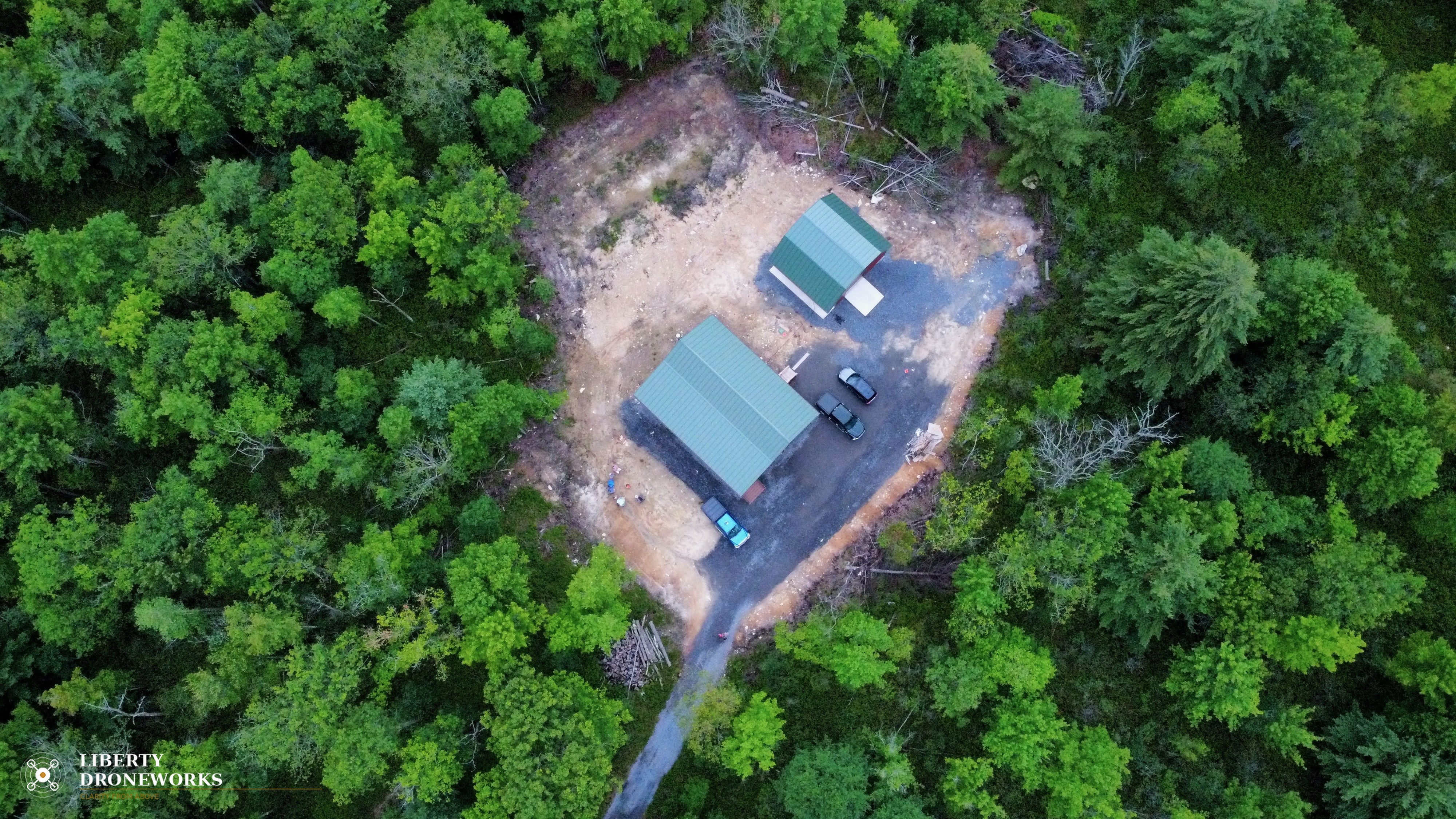 Aerial overhead view of rural barns and property in Central Pennsylvania