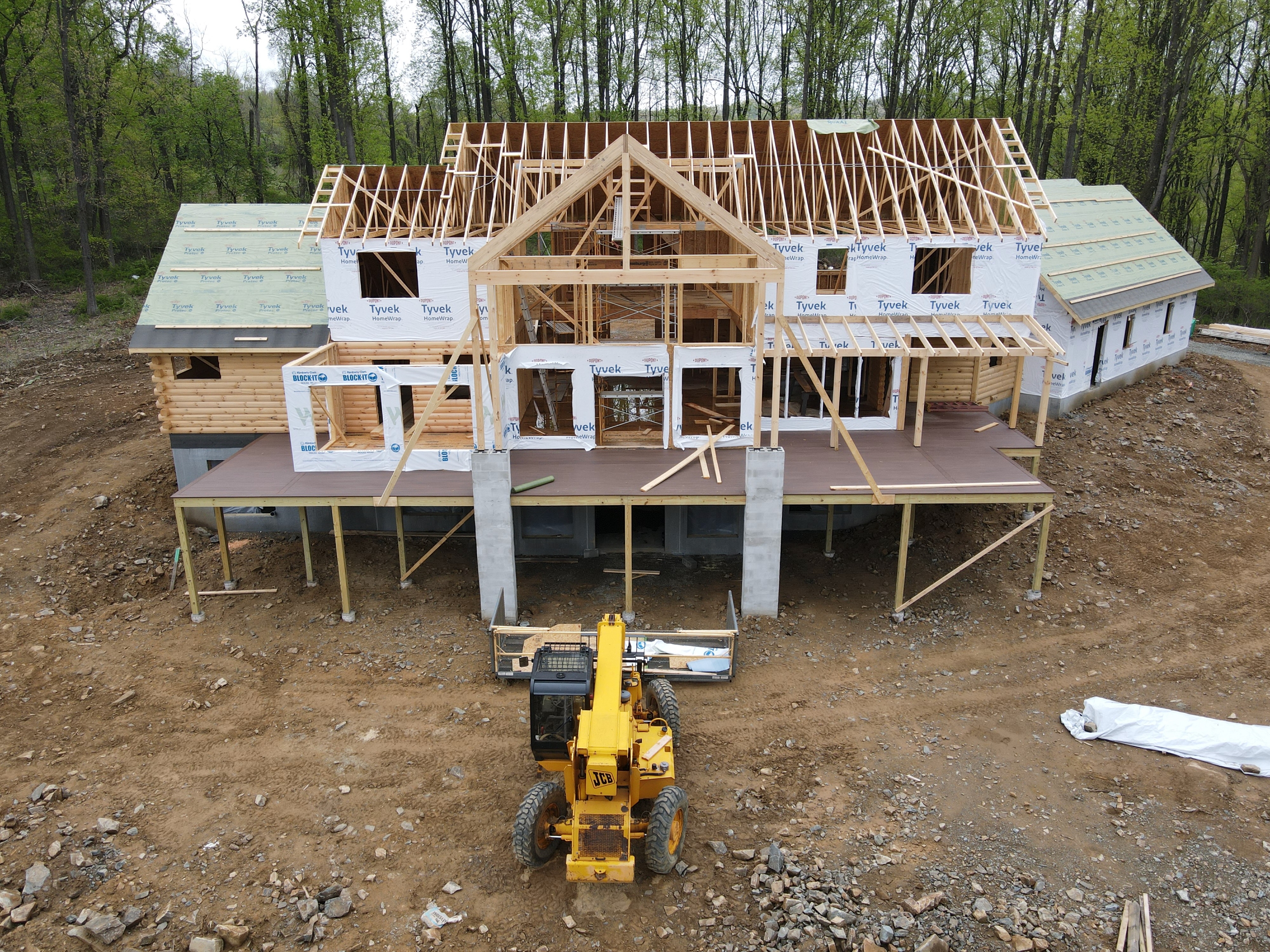 Aerial drone view of a cabin under construction in Central Pennsylvania