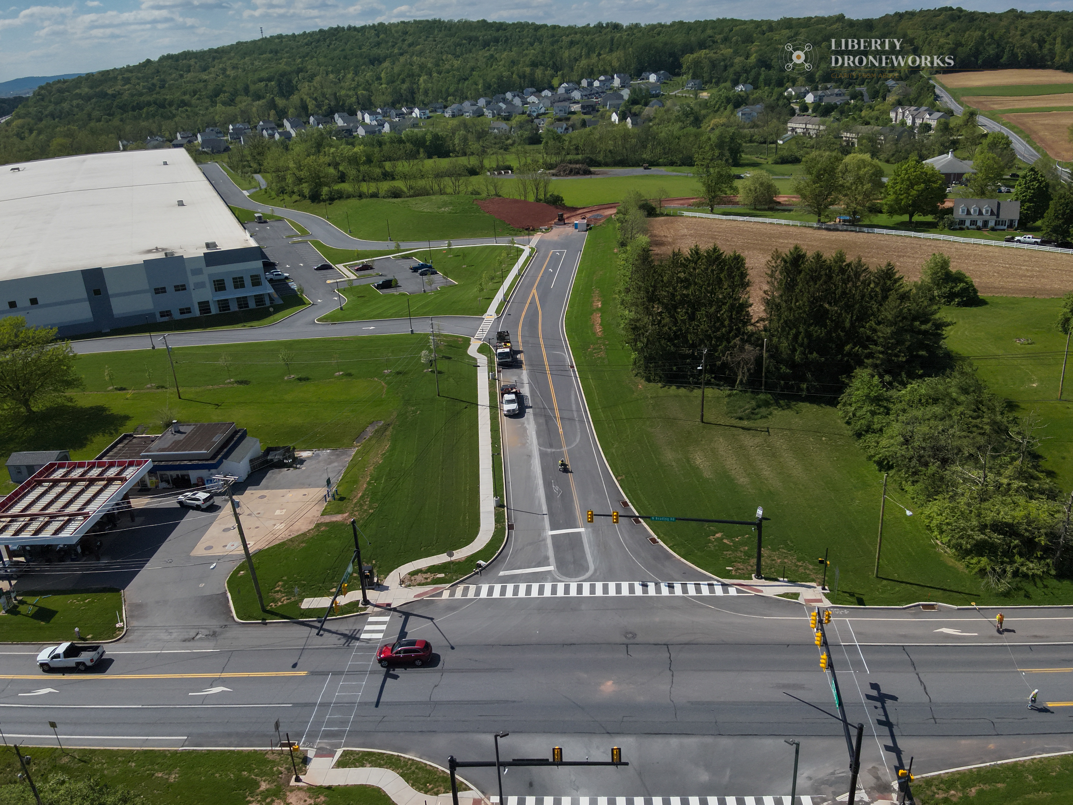 Aerial view of Hill Road construction site grading in East Cocalico Township