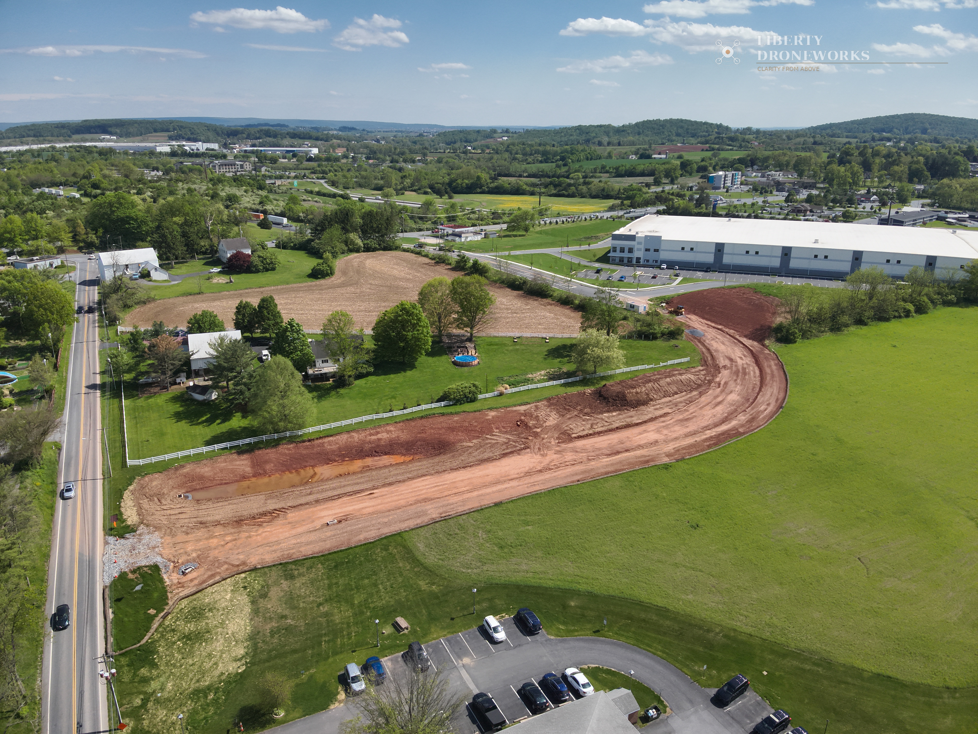 Aerial intersection view near Hill Road construction site