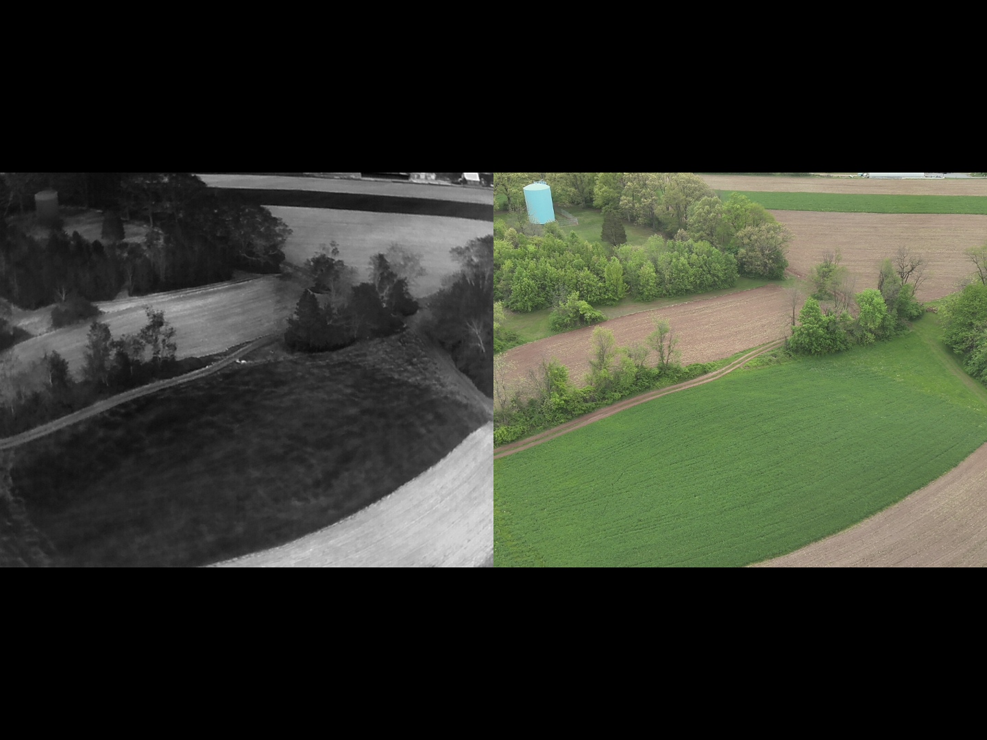 Side-by-side comparison of thermal imaging and visual camera views of Central Pennsylvania farmland